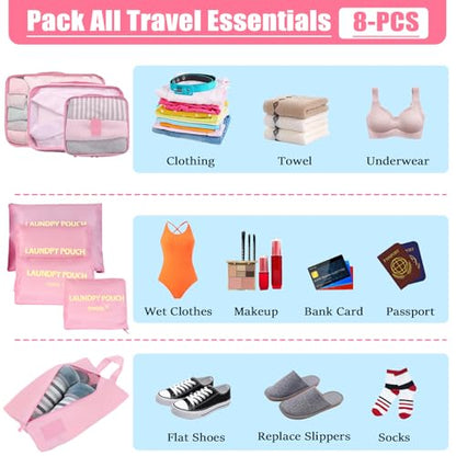 8 Set Packing Cubes for Travel Luggage Packing Bags Reusable Waterproof Suitcase Organizer Cubes Set with Shoe Bag and Toiletry Bag (Pink) - color: Pink