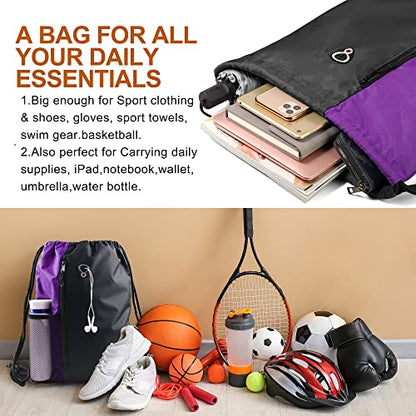 BeeGreen Purple Drawstring Backpack Sports Gym Bag for Women Men Large Cinch Sack workout Bag with Zipper and Water Bottle Mesh Pockets, 16 x 20 inch - color: Black/Purple, style: Drawstring With Mesh Pocket