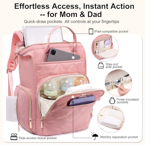 Weitars Diaper Bag Backpack Travel Diaper Backpack, Large Baby Diaper Bag with Changing Pad Baby Bag for Boys Girls, Insulated Pockets, Waterproof Baby Backpack for Mom & Maternity (Pink) - color: Pink
