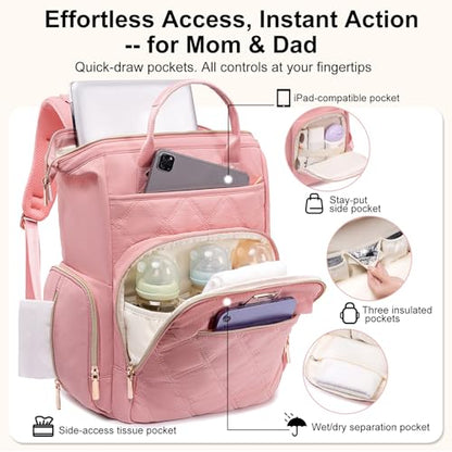 Weitars Diaper Bag Backpack Travel Diaper Backpack, Large Baby Diaper Bag with Changing Pad Baby Bag for Boys Girls, Insulated Pockets, Waterproof Baby Backpack for Mom & Maternity (Pink) - color: Pink