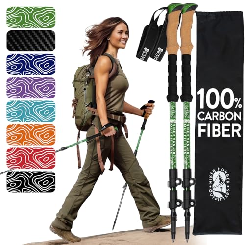 100% Carbon Fiber Trekking Poles by USA Brand - Ultra Strong Lightweight Collapsible Hiking Poles with Cork and EVA Foam Grips & Quick Adjustable Flip Locks - color: Cork - Green