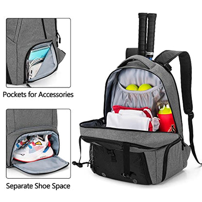 DSLEAF Tennis Backpack for 2 Rackets, Tennis Bag with Separate Ventilated Shoe Space for Tennis/Pickleball/Badminton/Squash Racquet and Accessories - color: Grey