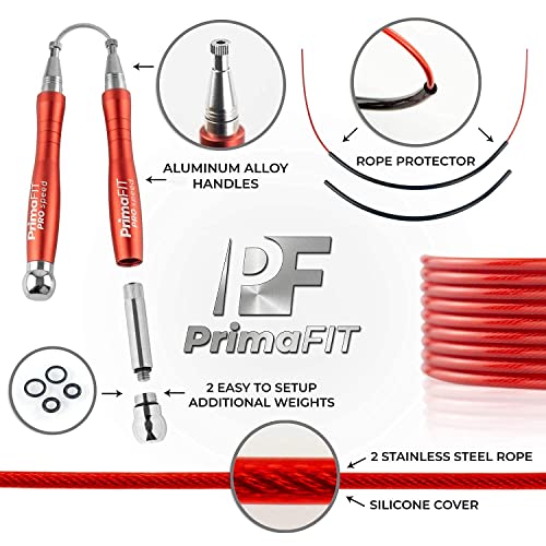 PrimaFIT Jump Rope Pro Speed Skipping Rope Adjustable Adult Jumping Rope Weighted Aluminium Handles for Double Dutch Boxing Workout Crossfit Exercise Fitness Spare Cable Weights Protectors Carry Bag - color: Red