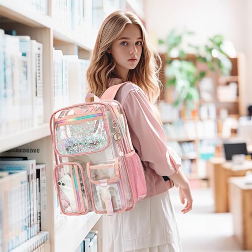 Clear Backpack for Girls Women, PVC Transparent School Backpacks See Through Bookbag for Stadium Sport Travel (Rose Gold) - color: Rose Gold