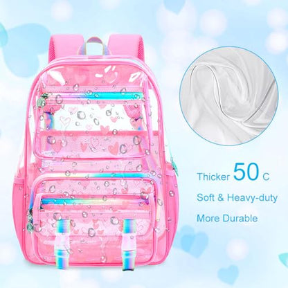 KLFVB 3PCS Clear Backpack Heavy Duty, Girls See Through School Bag Set, Cute Transparent Bookbag for Women - Heart Love Pink - color: Heart Love Pink Clear Backpack