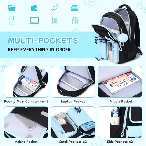 Girls Backpack, School Backpack for Girls, Cute Bow Kids Bookbag for Grils Children Teens for Elementary Middle High School Student, Back To School, Black Blue - color: Black Blue