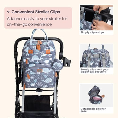 BabbleRoo Diaper Bag Backpack - Baby Essentials Travel Tote - Multi Function Water Resistant Diaper Bag, Travel Essentials Baby Bag with Changing Pad, Stroller Straps & Pacifier Case - Sea Animals - color: Sea Animals, size: Large