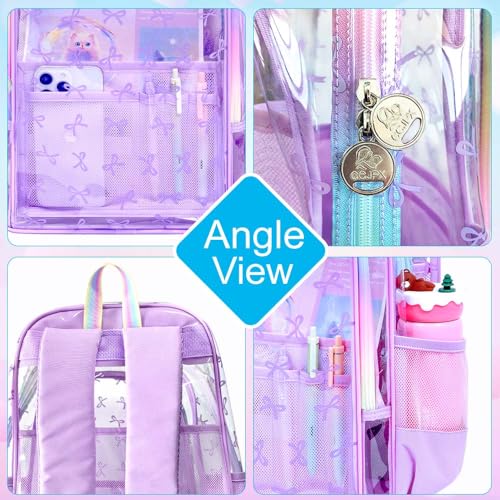 gxtvo 3PCS Clear School Backpack Heavy-Duty Set for Women & Teen Girls, 17" Purple Transparent Bookbag with Rainbow Strap, Elegant Bow See Through Bag - color: Purple Elegant Bow Clear Backpack Set