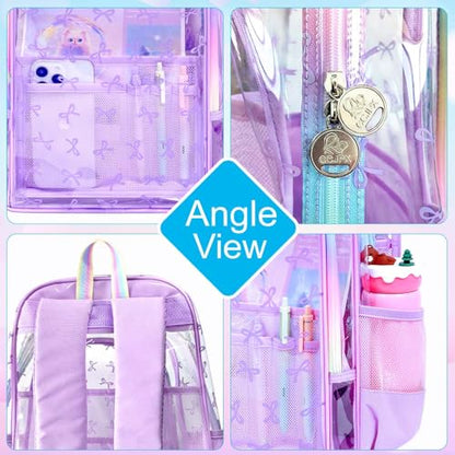 gxtvo 3PCS Clear School Backpack Heavy-Duty Set for Women & Teen Girls, 17" Purple Transparent Bookbag with Rainbow Strap, Elegant Bow See Through Bag - color: Purple Elegant Bow Clear Backpack Set