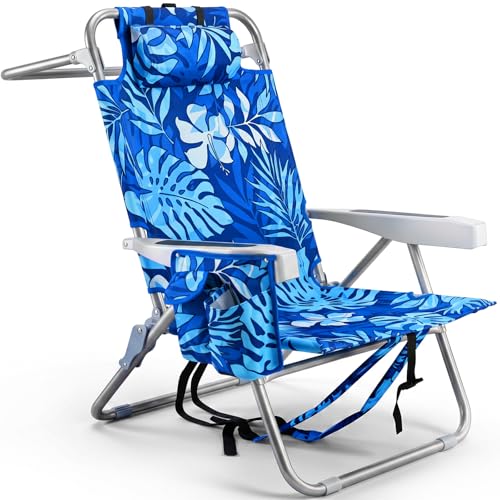 Palm Leaves Beach Chair Heavy Duty 330 lbs, 5-Position Lay Flat Folding Backpack Beach Chair with Cooler for Adults, Reclining Sand Chair for Beach Poolside Vacation(Blueleaves,1PK)