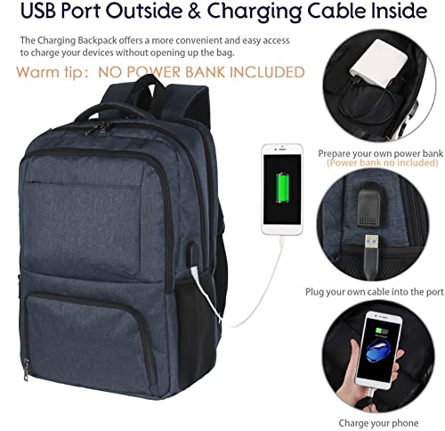 Laptop Backpack Fits 17 Inch Computer, Bussiness Travel Backpack with USB Charging Port and Anti Theft Pocket, Navy - color: A Navy