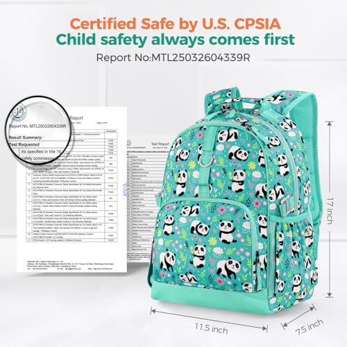 Choco Mocha Kids Backpack for Girls Panda Backpack Kids Elementary School Backpack for Girls Ages 6-8 Kid Bookbag 17 Inch with Chest Strap, Teal - color: Panda-teal Green