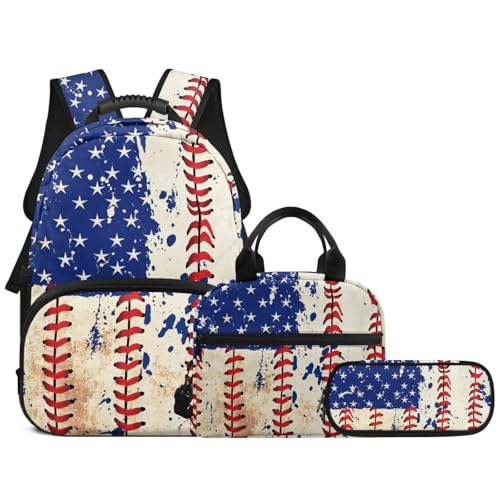 3PCS Backpack for Boys Girls Teens, USA Flag Baseball 3 in 1 Lightweight School Bag 17 Inch School Backpack with Lunch Box Pencil Case for Middle High Students - color: Usa Flag Baseball