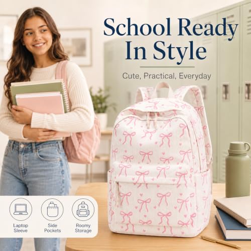 Bluboon School Backpack for Teen Girls Women Laptop Backpack College Bookbags Middle School Travel Work Commuter Back Pack - color: Beige Base Pink Bow & Heart
