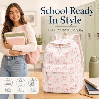 Bluboon School Backpack for Teen Girls Women Laptop Backpack College Bookbags Middle School Travel Work Commuter Back Pack - color: Beige Base Pink Bow & Heart
