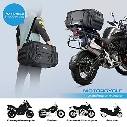 Rhinowalk Motorcycle Tail Bag, Expandable Motorcycle Travel Luggage Bags 60L, Waterproof All-Weather Trunk Rack Bag with Sissy Bar Straps & Helmet Rain Cover-Black - color: Black 40-60L
