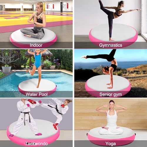 Inflatable Gymnastic Air Spot Mat Tumbling Exercise Yoga Training Mat With Pump, Inflatable Round Springboard Air Roller Gym Floor Track For Home Use/Cheerleading/Water - color: pink