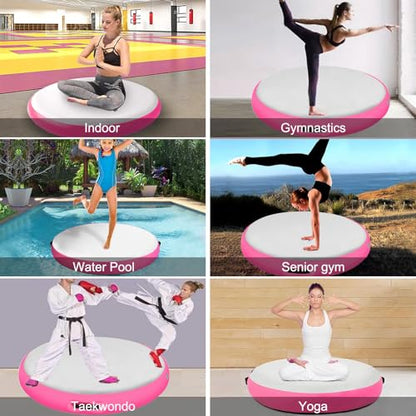 Inflatable Gymnastic Air Spot Mat Tumbling Exercise Yoga Training Mat With Pump, Inflatable Round Springboard Air Roller Gym Floor Track For Home Use/Cheerleading/Water - color: pink