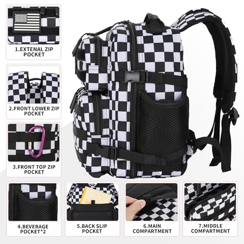 9L Mini Tactical Backpack for Men and Women Tactical Backpack Small for Hiking Small Tactical Bag Fitness Pack - color: Black and White Plaid
