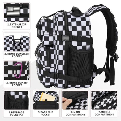 9L Mini Tactical Backpack for Men and Women Tactical Backpack Small for Hiking Small Tactical Bag Fitness Pack - color: Black and White Plaid