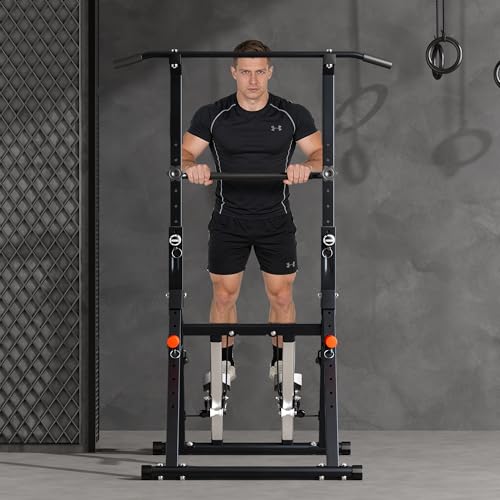 Power Tower Pull Up Station, soges Foldable Pull Up Bar Dip Station with Stair Stepper, Adjustable Free Standing Strength Training Equipment for Home Gym, Multi-Function Workout Tower