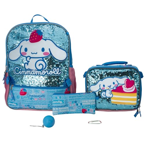 AI ACCESSORY INNOVATIONS Sanrio’s Cinnamoroll 5 Piece Backpack Set, Hello Kitty Kawaii Flip Sequin Girls School Bag with Front Zip Pocket, 2 Side Mesh Pockets, Blue - color: Kawaii