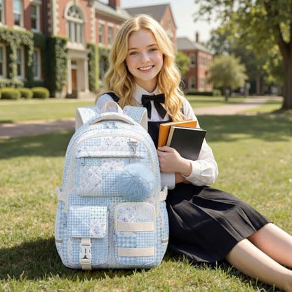 Quilted Backpack for Teen Girls,Cute Blue Patchwork School Backpack with Multi-Pocket Design,Lightweight Cotton Bookbag Fits 15.6" Laptop,Large Capacity Aesthetic Backpack with Plush Charm - color: Blue Green Patchwork