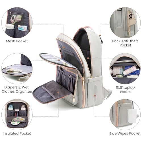 LOVEVOOK Diaper Bag Backpack, Quilted Baby Bag with Changing Pad & Pacifier Holder, Waterproof Travel Diaper Bags for Baby Boys Girls, Stylish and Large Capacity, Light Grey - color: Light Grey