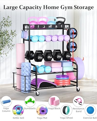 Mythinglogic Weight Rack for Dumbbells, Home Gym Storage for Yoga Mat Dumbbells Kettlebells and Strength Training Equipment, Dumbbell Rack with Wheels and Hanging Hooks - color: New Black