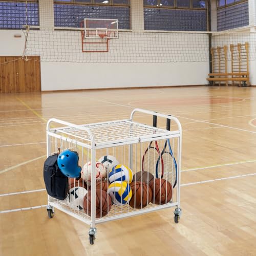 MyGift Large Capacity Metal Rolling Multi Sports Ball Cage Storage Hopper, Gym Equipment Basket Cart with Lockable Latch, Heavy Duty Caster Wheels, and 8 Accessory Hooks - color: White