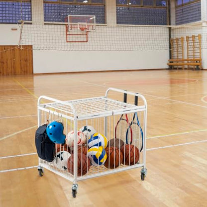 MyGift Large Capacity Metal Rolling Multi Sports Ball Cage Storage Hopper, Gym Equipment Basket Cart with Lockable Latch, Heavy Duty Caster Wheels, and 8 Accessory Hooks - color: White