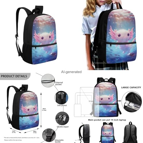 Cute Axolotl Backpack for Girls Kids Backpack with Lunch Box Water Bottle Pouch and Zipper Pencil Case 4PCS Set Sturdy Bookbag with Front Pocket 17 inch Lightweight Elementary School Bag - color: Axolotl-3