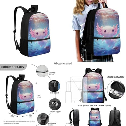 Cute Axolotl Backpack for Girls Kids Backpack with Lunch Box Water Bottle Pouch and Zipper Pencil Case 4PCS Set Sturdy Bookbag with Front Pocket 17 inch Lightweight Elementary School Bag - color: Axolotl-3