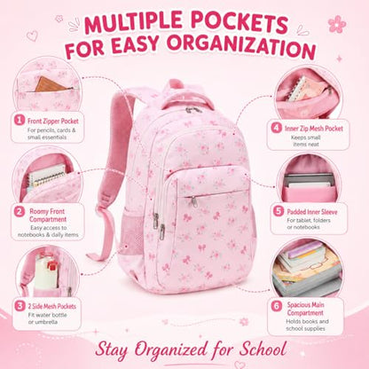 LEDAOU Girls Boys Backpack with Lunch Box, 3-Piece School Bookbag Set - color: Pink Bow With Small Flowers
