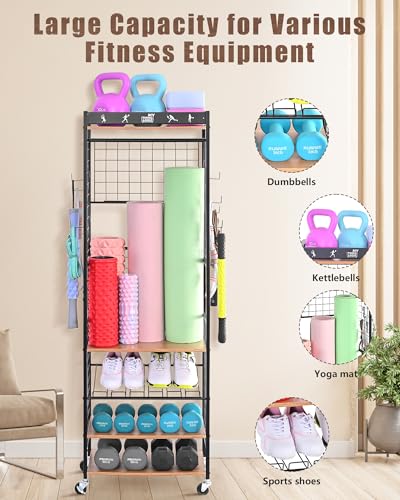 Mythinglogic Weight Rack for Dumbbells, Home Gym Storage for Yoga Mat Dumbbells Kettlebells and Strength Training Equipment, Dumbbell Rack with Wheels and Hanging Hooks - color: Black+Brown