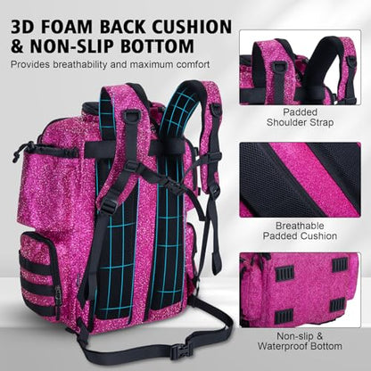 Goture Fishing Backpack, 900D Water-Resistant Tackle Backpack with Rod Holders, 45L Large Fishing Bag Storage Gear Tackle Bag with 8 Lure Pockets, Rain Cover for Camping Hiking(Without Tackle Box) - color: 45L Bling Pink with 8 Lure Pockets