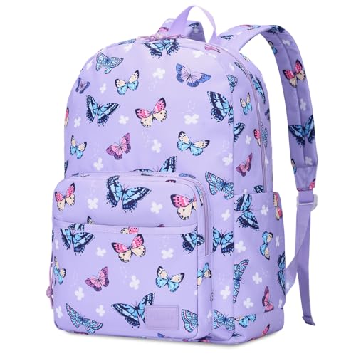 VASCHY School Backpacks, Lightweight Bookbag Schoolbag for Kid Girls Casual Basic Simple Daypack for Teen Girls Butterfly - color: Lavender Butterflies