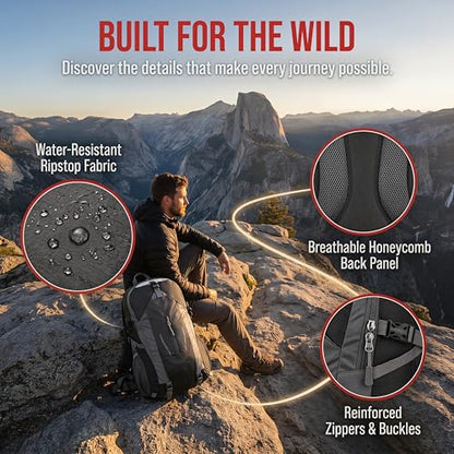 Hiking Backpack, Water Resistant Lightweight Outdoor Daypack with Breathable Padded Back, Multi-Pocket Travel Backpack for Camping Climbing Sports (Black) - color: Black
