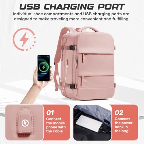 Travel Backpack with Compression Vacuum Storage Bag & Electric Pump, Expandable Flight Approved Carry On Backpack, 18x14x8 inches Personal Item Travel Bag for Men Women, Pink - color: Pink