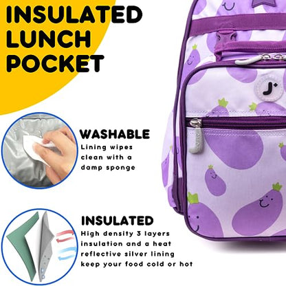 J World Duet Kids Backpack & Lunch Box Set For Boys & Girls Pre-K to Elementary School, Mr Eggplant - color: Mr. Eggplant