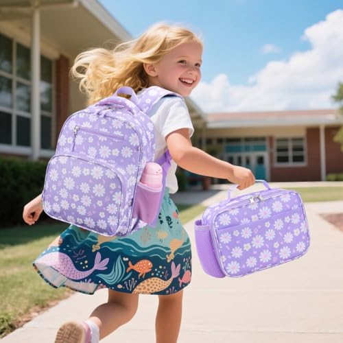 RHCPFOVR Kids Backpack for Girls - Girls Backpack 3-8 Ages Flower for Kids 15 Inch School Bookbag for Kindergarten Elementary School Bookbag for Girl 1st 2nd Grade - style: Purple Flower