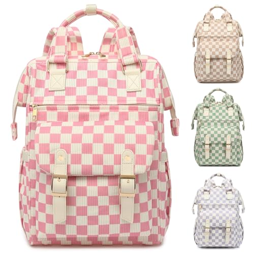 Corduroy Laptop Backpack for Women 15.6 Inch Stylish College School Bookbag, Business Work & Travel Computer Backpacks (Checkered Pink) - color: Corduroy Checkered Pink