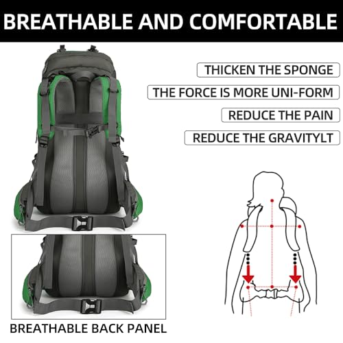 King'sGuard 60L waterproof lightweight hiking backpack with rain cover and shoe compartment outdoor sports travel backpack (Green) - color: Green