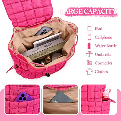 Quilted Puffer Backpack for Women Lightweight Soft Puffy Backpack Purse Casual Daily Drawstring Flap Daypack (Rose Red) - color: Rose Red