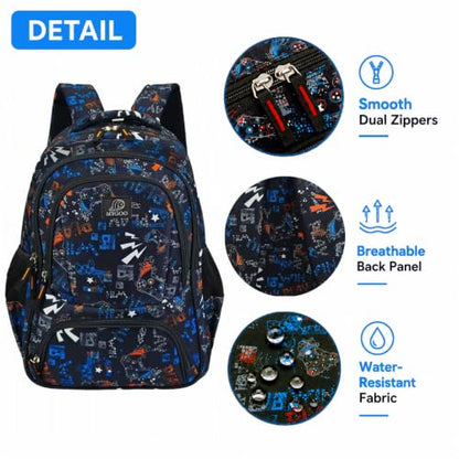 MYGOO Boys School Backpack Doubleday Gamer Black Bookbag for Elementary Middle School Ages 5-12, 17 inch Large Capacity 24L Kids Student Travel Bags - color: Doubleday Gamer Black