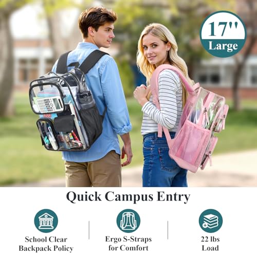 PACKISM Clear Backpack for School - 17 inch Large Heavy Duty Bookbag, Reinforced See Through PVC Transparent Backpack - color: Pu Straps Pink 3 Pockets, style: Daypack Backpacks