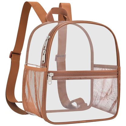 Oraben Clear Backpack Stadium Approved, 12 x 6 x 11 in, Small Transparent Backpack for Concerts, Sports Events, Festivals, Travel, Waterproof PVC, Adjustable Straps, Women Men - color: Coffee Brown, style: Nylon Shoulder Straps