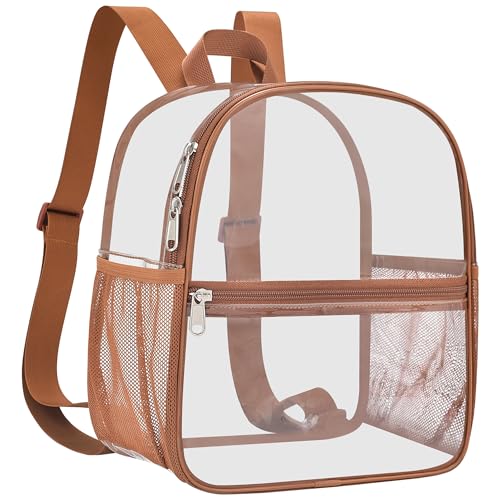 Oraben Clear Backpack Stadium Approved, 12 x 6 x 11 in, Small Transparent Backpack for Concerts, Sports Events, Festivals, Travel, Waterproof PVC, Adjustable Straps, Women Men - color: Coffee Brown, style: Nylon Shoulder Straps