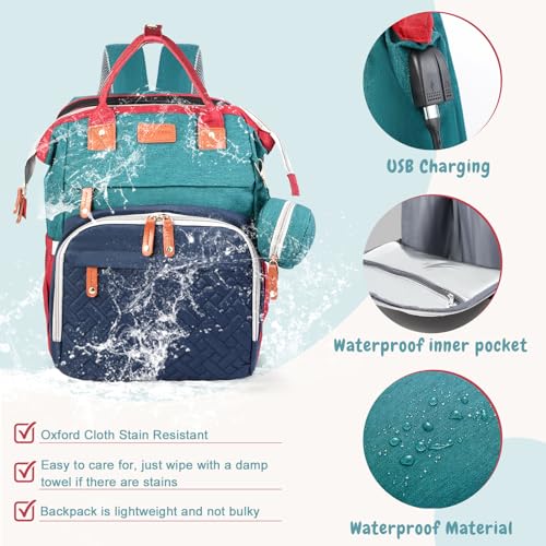 JOYCE Diaper Bag Backpack with Changing Pad, Water-Resistant, Blue-Green | Portable changinag pad, insulated bottle pockets, stroller straps, pacifier case, Multi-Compartment storage - color: Blue-green