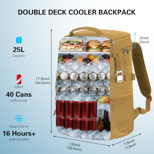 Tactical Cooler Backpack for Men, Double Deck Insulated Cooler Bag 40 Cans, Soft Lunch Backpack with 16H Ice Retention Waterproof Leakproof Picnic Backpack for Work Beach Camping BBQ Hiking - color: Brown